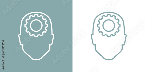 Icono inteligencia artificial. Logo silueta de cabeza humana lineal con engranaje en lugar del cerebro