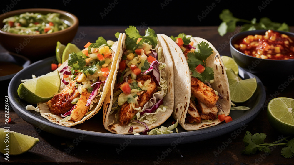 A plate of golden-brown fish tacos topped with shredded cabbage, salsa, and a squeeze of lime A plate of golden-brown fish tacos topped with shredded cabbage, salsa, and a squeeze of lime