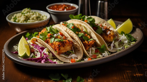 A plate of golden-brown fish tacos topped with shredded cabbage, salsa, and a squeeze of lime