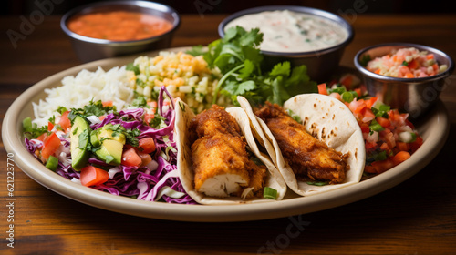 A plate of golden-brown fish tacos topped with shredded cabbage, salsa, and a squeeze of lime