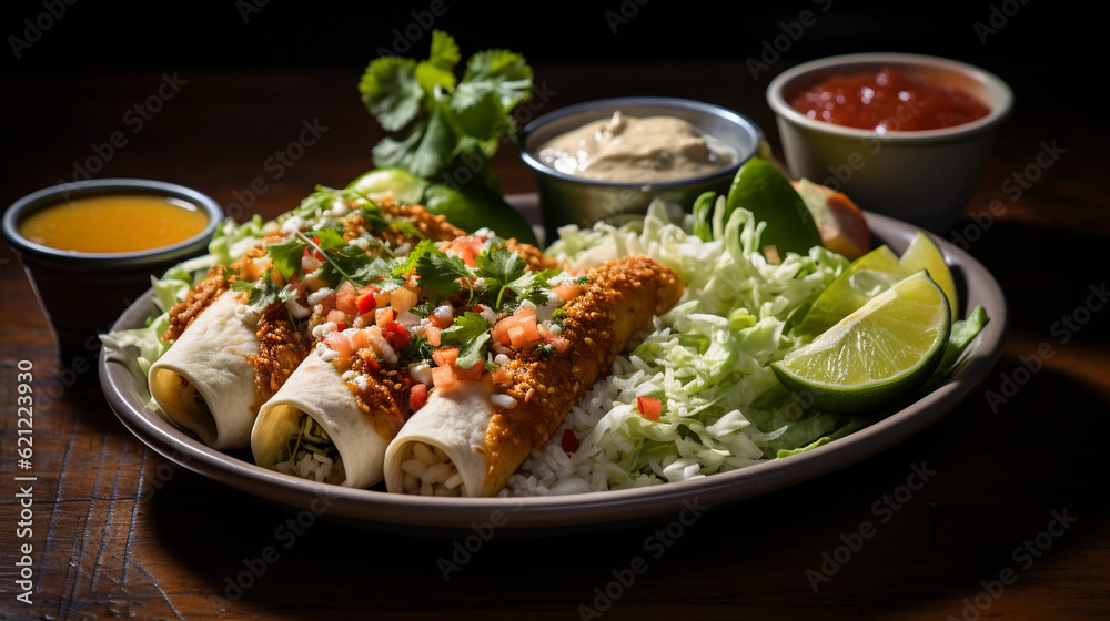 A plate of golden-brown fish tacos topped with shredded cabbage, salsa, and a squeeze of lime A plate of golden-brown fish tacos topped with shredded cabbage, salsa, and a squeeze of lime