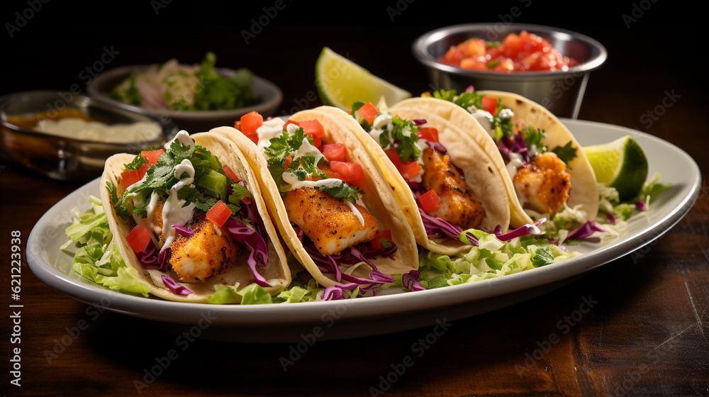 A plate of golden-brown fish tacos topped with shredded cabbage, salsa, and a squeeze of lime A plate of golden-brown fish tacos topped with shredded cabbage, salsa, and a squeeze of lime