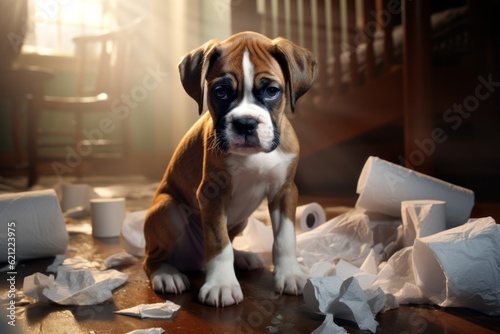 Generative AI Portrait of a dog making chaos and disorder in the apartment. The concept problem of growing up a puppy and boredom during loneliness at home. German boxer destroyed toilet paper.