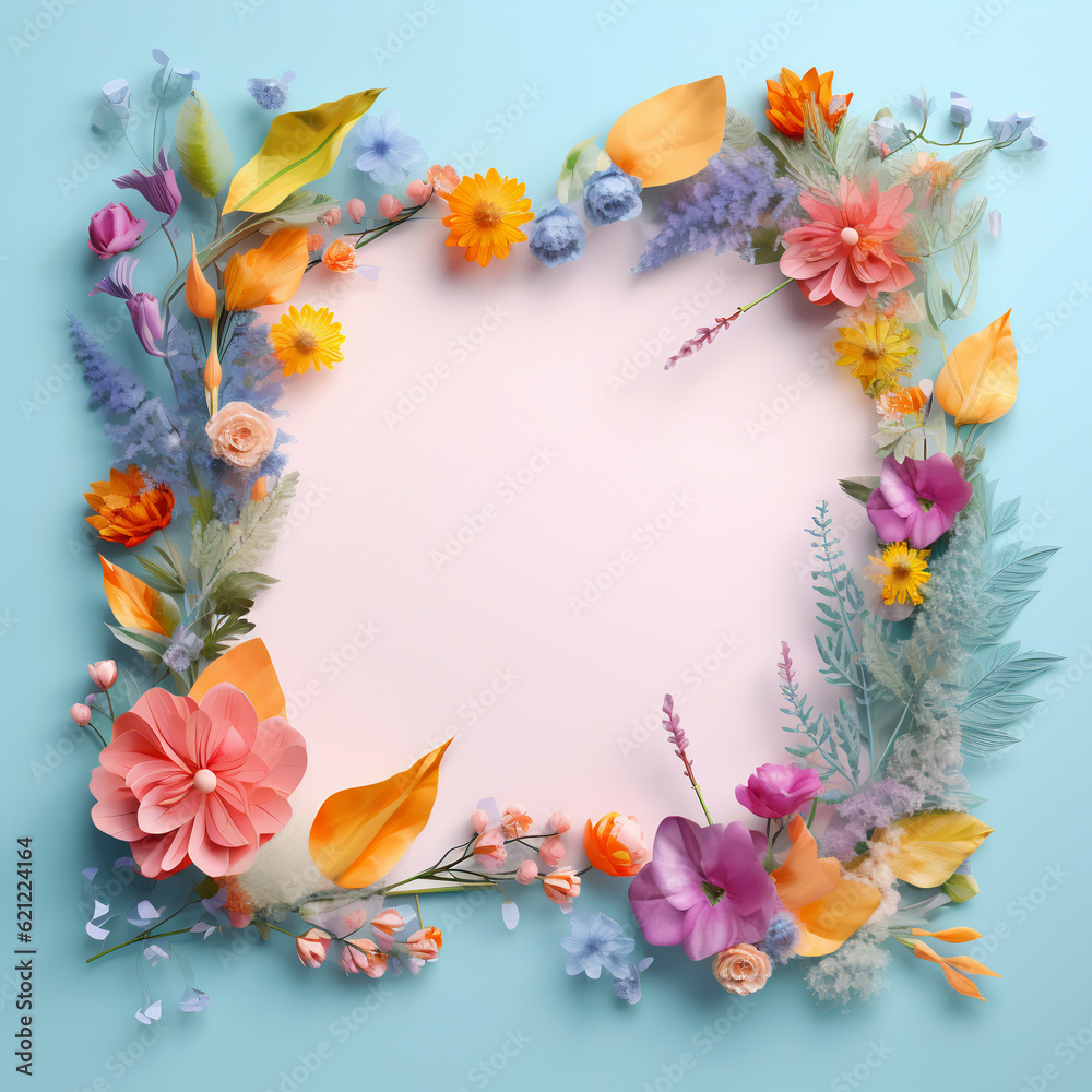 Illustration with pastel flowers making square shape. Elegant, pastel, bright and soft summer composition. Creative copy space in the style of nature. Generative AI, illustration. Illustration with pastel flowers making square shape. Elegant, pastel, bright and soft summer composition. Creative copy space in the style of nature. Generative AI, illustration.