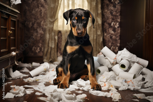 Generative AI Portrait of a dog making chaos and disorder in the apartment. The concept problem of growing up a puppy and boredom during loneliness at home. Doberman destroyed toilet paper.