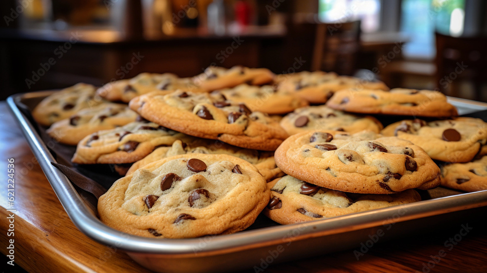 A tray of homemade chocolate chip cookies, fresh out of the oven and still warm