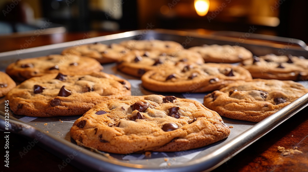 A tray of homemade chocolate chip cookies, fresh out of the oven and still warm A tray of homemade chocolate chip cookies, fresh out of the oven and still warm