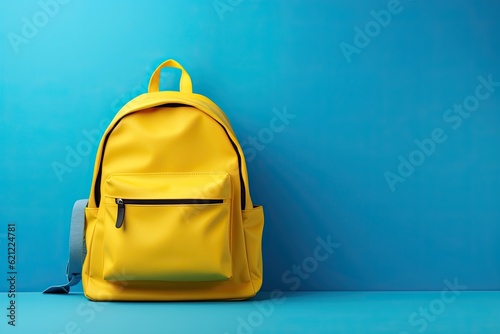 Minimalist yellow backpack mockup on blue background, back to school concept