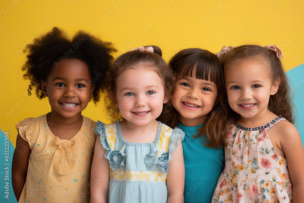 group of funny child smiling, ethnic diversity, back to school concept, blue background group of funny child smiling, ethnic diversity, back to school concept, blue background