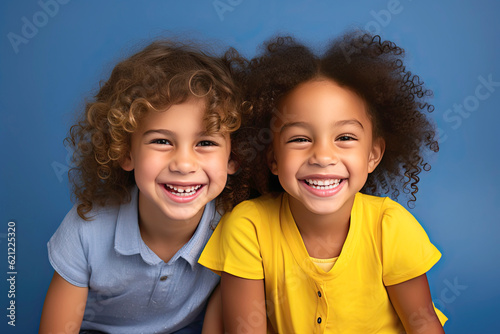 two funny child smiling, ethnic diversity, back to school concept, blue background