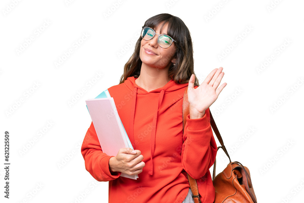 Young student caucasian woman over isolated background saluting with hand with happy expression Young student caucasian woman over isolated background saluting with hand with happy expression