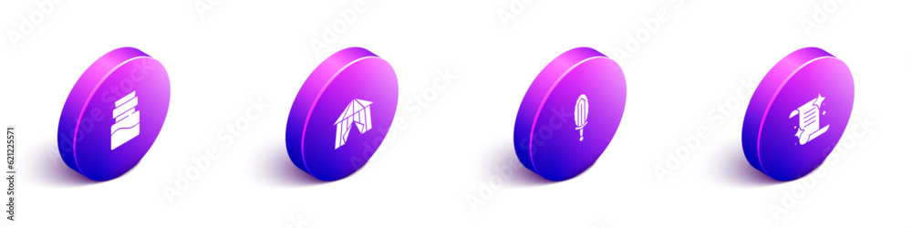 Set Isometric Bottle with potion, Circus tent, Magic sword in fire and Ancient magic book icon. Vector Set Isometric Bottle with potion, Circus tent, Magic sword in fire and Ancient magic book icon. Vector