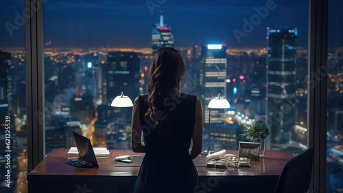 The Life of a Successful Businesswoman on the Top Floor Office with Night City View. Generative Ai