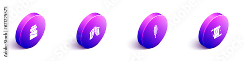 Set Isometric Bottle with potion, Circus tent, Magic sword in fire and Ancient magic book icon. Vector