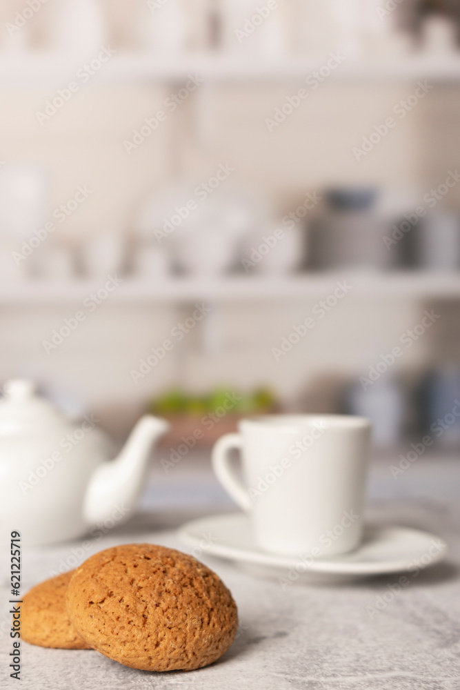 Cup of black coffee with amaretto cookies in the Provence-style kitchen. breakfast, lunch coffee Cup of black coffee with amaretto cookies in the Provence-style kitchen. breakfast, lunch coffee