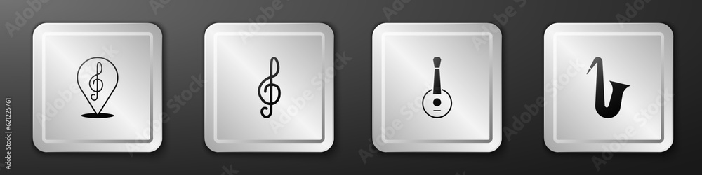 Set Treble clef, , Banjo and Musical instrument saxophone icon. Silver square button. Vector Set Treble clef, , Banjo and Musical instrument saxophone icon. Silver square button. Vector