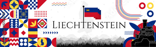 Liechtenstein Independence Day abstract banner design with flag and map. Flag color theme geometric pattern retro modern Illustration design. Blue and red flag color template.