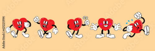 A set of five vintage, cartoon-style heart characters with smiling faces and limbs are depicted in various poses, including running, waving, and holding a flower. Vector