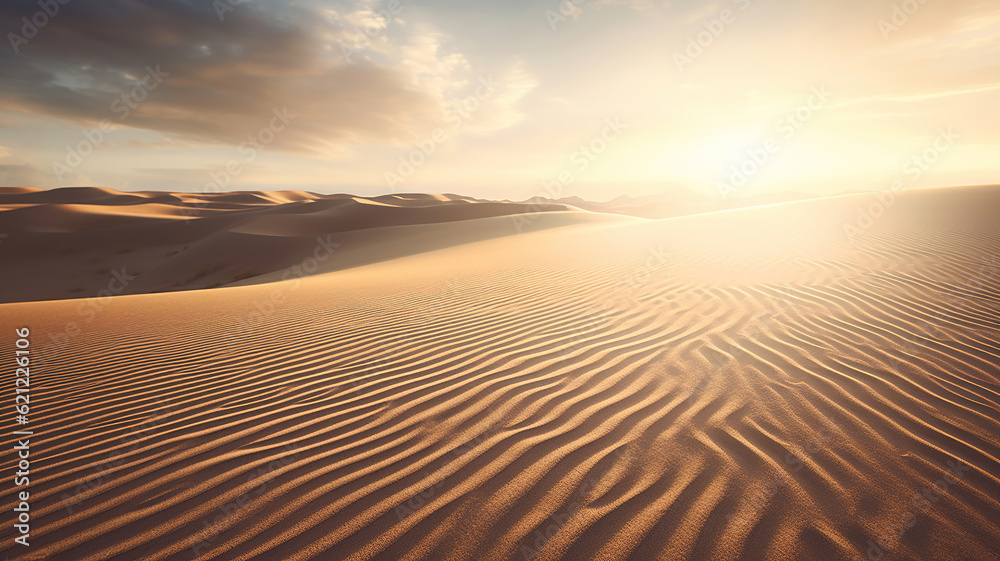 Illusionary Sandscape with Dramatic Sunrays. Generative Ai