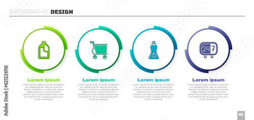 Set Bottle for cleaning agent, Shopping cart, Sauce bottle and Clock 24 hours. Business infographic template. Vector