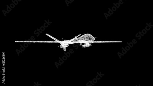 3D Military drone rotates on black background. Modern Military Copter Technology concept. Aerial Weapon, Unpilot aircraft. For title, text, presentation. Shimmering particles. 3d animation 60 FPS photo