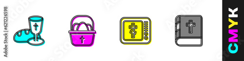 Set Goblet and bread, Basket with easter eggs, Online church pastor preaching and Holy bible book icon. Vector