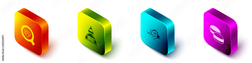 Fototapeta premium Set Isometric Coffee cup, Museum building, Village landscape and Macaron cookie icon. Vector