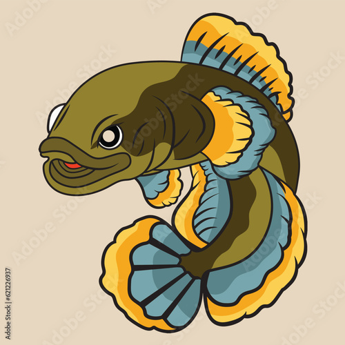 vector channa fish green grey pulchra snakehead cartoon unique illustration. Predator Fish Channa Auranti Vector photo