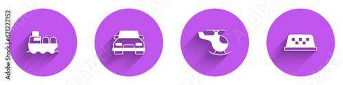 Set Oil tanker ship, Car, Helicopter and Taxi car roof icon with long shadow. Vector