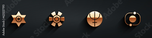 Set Falling star, Sun, Neptune planet and Solar system icon with long shadow. Vector