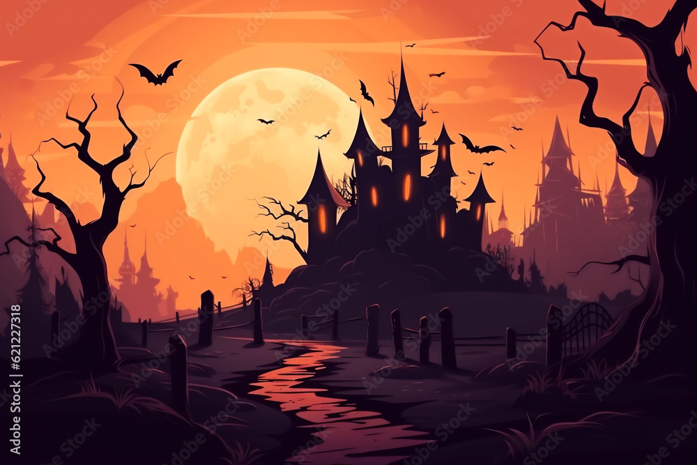 Haunted halloween castle at night