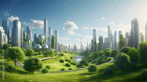 Sustainable modern city with dense high-rise skyscrapers amidst green park. G18. photo