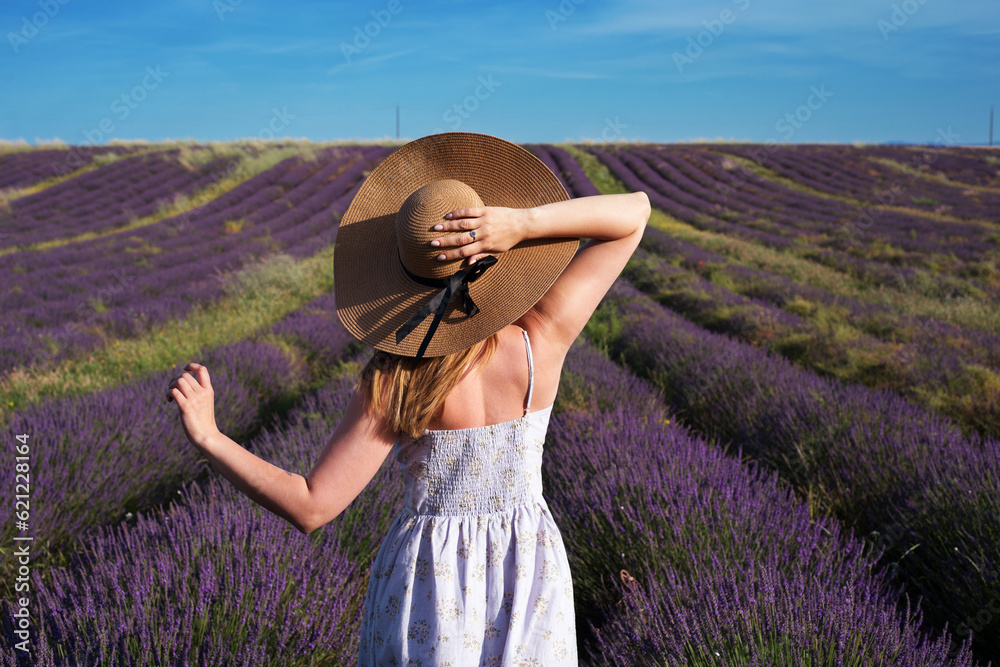A young woman in a hat stands in the background of a lavender field. Portrait from the back of the model. Daylight