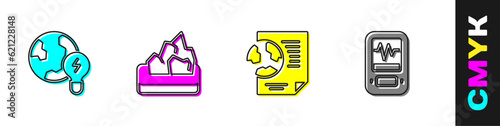 Set Global planet with bulb, Ore mining, Earth globe document and Seismograph icon. Vector