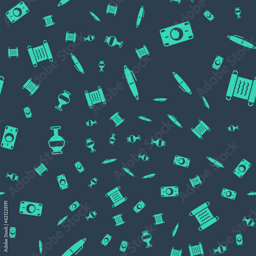 Set Pen, Stacks paper money cash, Ancient amphorae and Papyrus scroll on seamless pattern. Vector