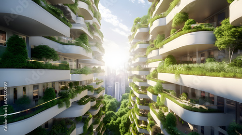 Billede på lærred The city of the future with green gardens on the balconies