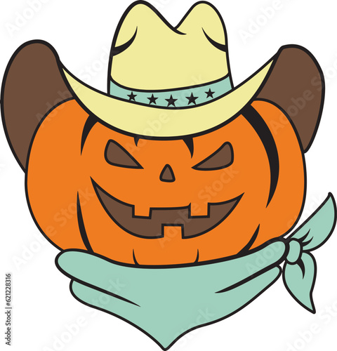 Happy Halloween Pumpkin cowboy western hat and bandanna vector illustration.