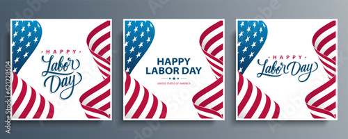 Happy Labor Day Set. United States Labor Day celebration cards with American national waving flag backgrounds. USA national holiday greetings. Vector illustration.