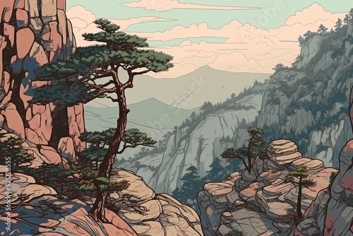 serene mountain landscape with tall pine trees. Generative AI