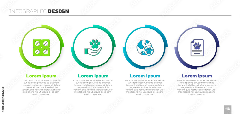 Set Dog pill, Hands with animals footprint, World pet and Medical clinical record. Business infographic template. Vector Set Dog pill, Hands with animals footprint, World pet and Medical clinical record. Business infographic template. Vector