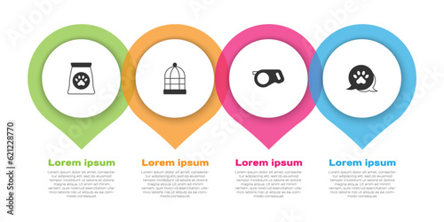 Set Bag of food for pet, Cage birds, Retractable cord leash and Paw print. Business infographic template. Vector