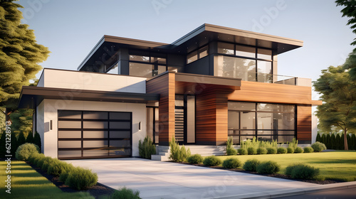 This stunning stock photo showcases a beautifully crafted modern house design featuring a bold and sophisticated facade with a warm color palette and exquisite attention to detail.