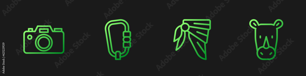 Set line Bandana or biker scarf, Photo camera, Carabiner and Rhinoceros. Gradient color icons. Vector Set line Bandana or biker scarf, Photo camera, Carabiner and Rhinoceros. Gradient color icons. Vector
