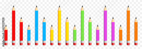 Vector school pencils. School pencils png. A set of colored pencils in different sizes. School supplies png.