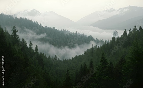 霧がかかる針葉樹の森と山々、神聖な雰囲気、早朝 © sky studio