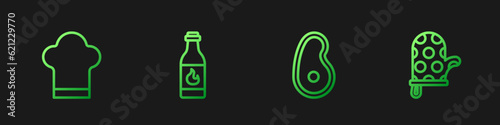 Set line Steak meat, Chef hat, Tabasco sauce and Oven glove. Gradient color icons. Vector