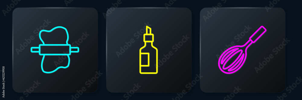 Set line Rolling pin on dough, Kitchen whisk and Bottle of olive oil. Black square button. Vector Set line Rolling pin on dough, Kitchen whisk and Bottle of olive oil. Black square button. Vector