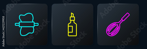 Set line Rolling pin on dough, Kitchen whisk and Bottle of olive oil. Black square button. Vector