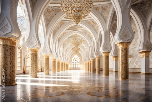 beautiful hall interior of traditional arabic building mosque with columns inspired by heroic fantasy with an epic light, painting style reworked and enhanced ai generated architecture mockup photo