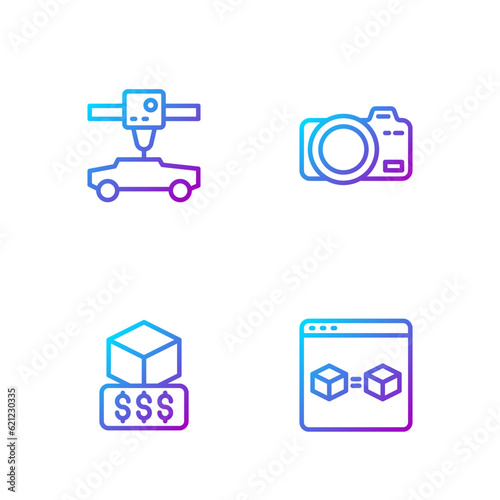 Set line 3D printer perfect copy, services, car and Photo camera. Gradient color icons. Vector